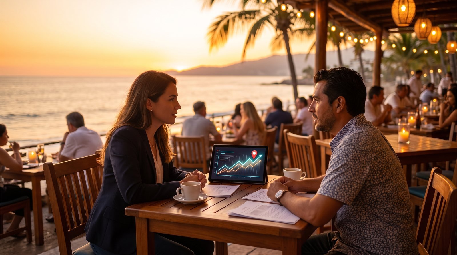 Consultor de marketing y dueño de restaurante revisando métricas en una tableta en una terraza de Puerto Vallarta