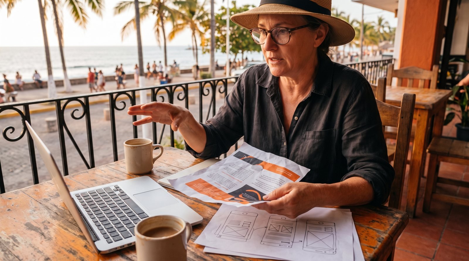 Dueño de negocio revisando una cotización de página web y bocetos en una mesa de café en Puerto Vallarta