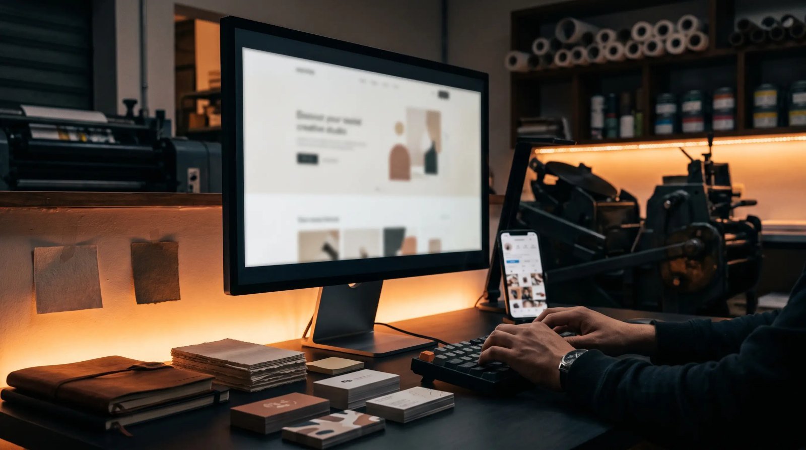 Escritorio de diseño en el taller con una página web y un perfil de redes sociales en pantalla