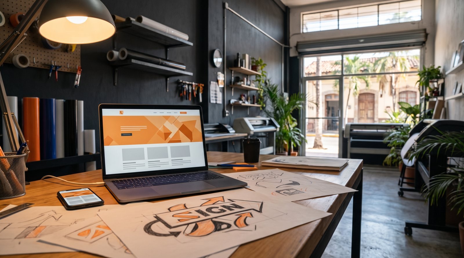 Escritorio del taller con una página web de negocio en la laptop y su versión móvil en el celular